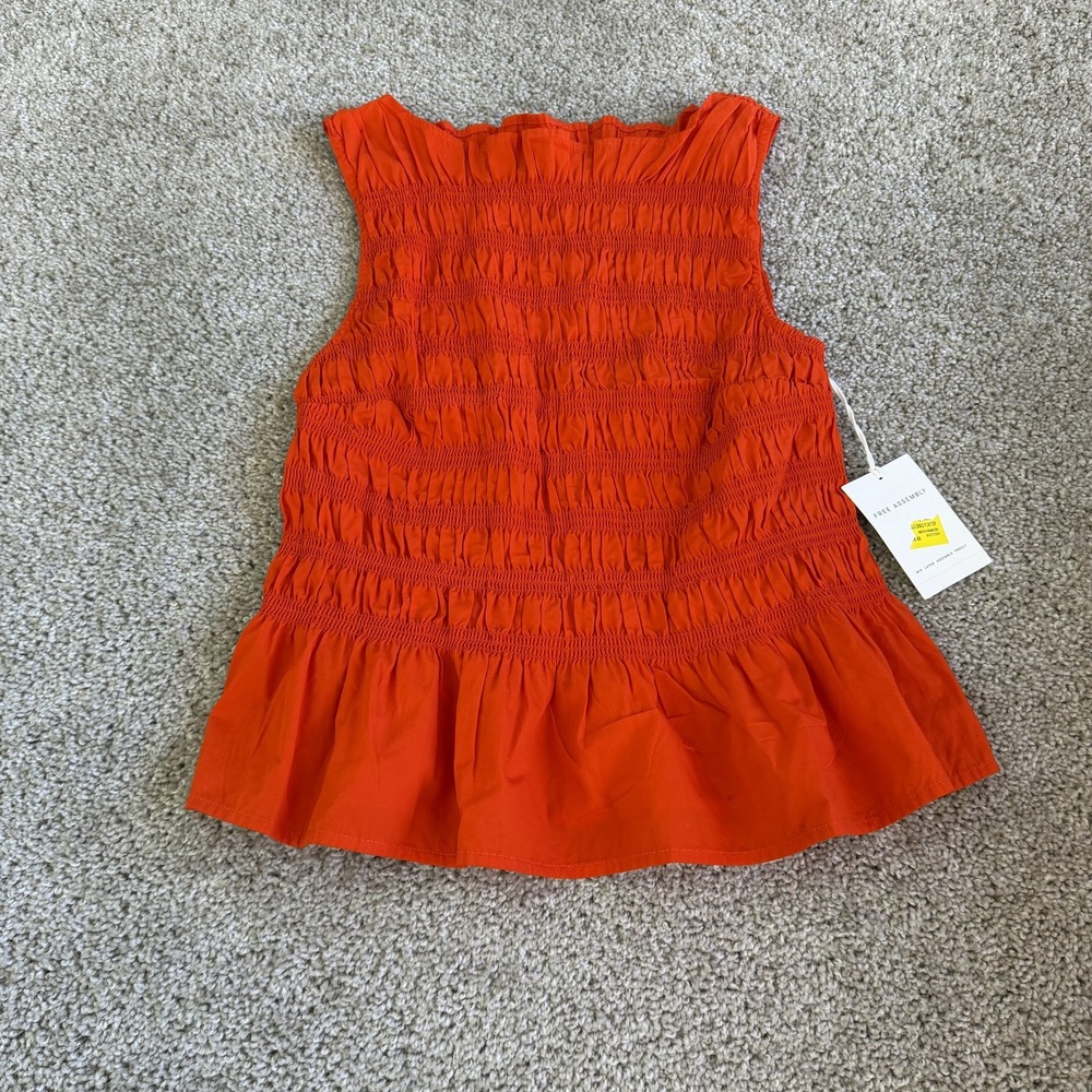 Free Assembly Blouse Womens S Orange Smocked Ruffle Square Neck Peplum Top